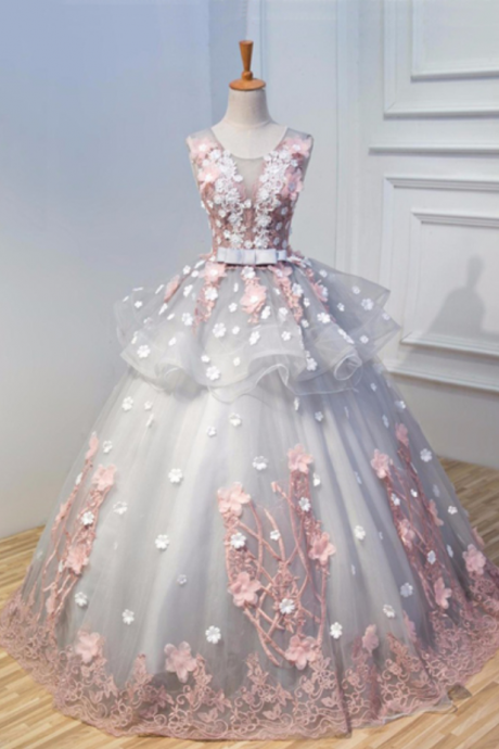 Grey Tulle 3d Flower Long A-line Evening Dress Llace Appliqués Senior Prom Dresses