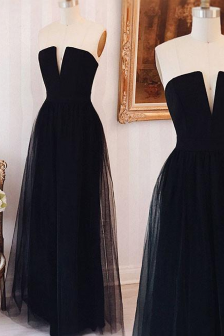 Simple Black A-line Collarless Tulle Long Prom Dress Black Formal Dress