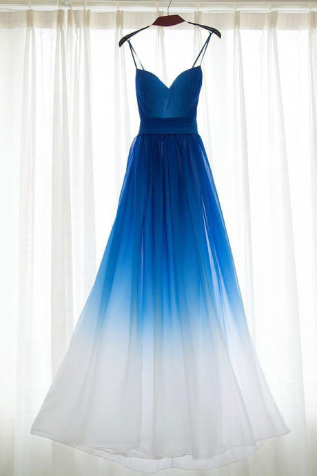 Royal Blue White Ombre Long A Line Sweetheart Bridesmaid Dress Chiffon Prom Dresses