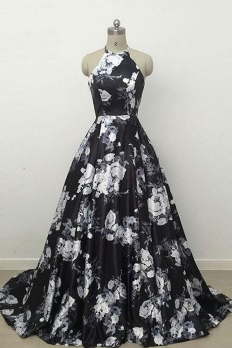 Simple Black Flower Ball Gown Halter Satin Long Prom Dress Black Evening Dress