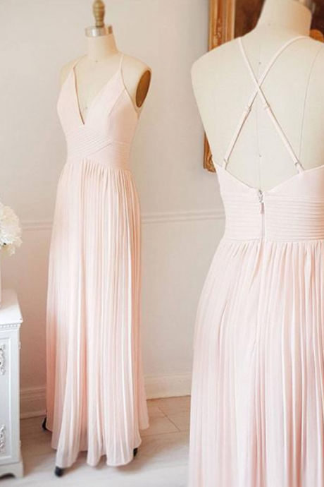 Cute Light Pink A Line V Neck Chiffon Long Prom Dress Pink Evening Dress