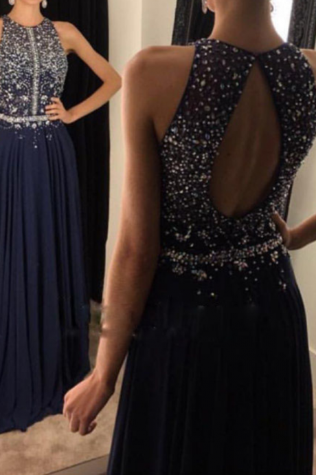 Long Navy Blue Chiffon A-line Beaded Sequins Party Cocktail Dress Prom Dress Formal Gowns Evevning Dresses Long Sequins Homecoming Dresses For