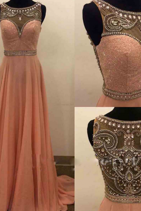 Long Blush Chiffon Prom Dresses Formal Gowns Evening Dresses Beaded Crystals Party Cocktail Dresses Long Chiffon Homecoming Graduation Dress For