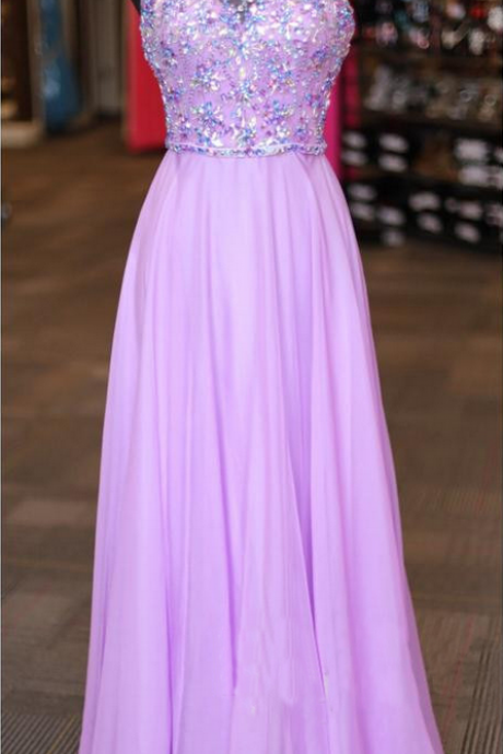 Long Beaded A-line Lilac Chiffon Prom Party Dresses Sexy Formal Gowns Evening Pageant Dresses 2016