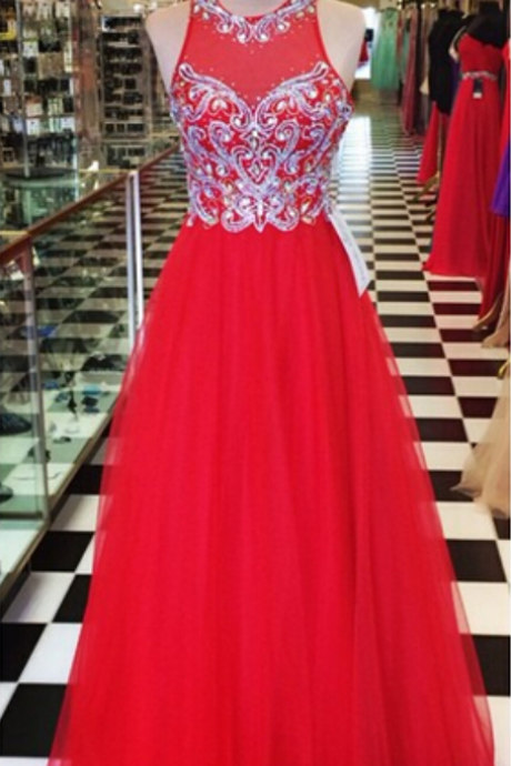 Red Tulle Prom Dresses,long Tulle Prom Dresses,a-line Tulle Prom Dresses,beaded Prom Dresses,see Through Formal Gowns,long Beaded Evening