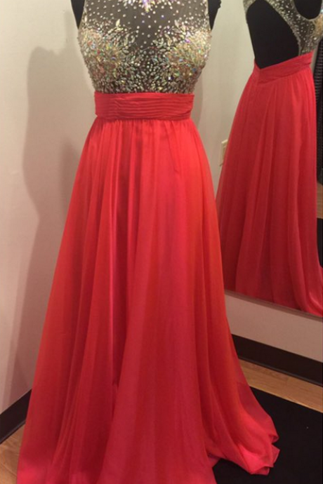 Long A-line Watermelon Red Chiffon Prom Dress Party Cocktail Dresses Beaded Crystals Backless Chiffon Formal Gowns Evening Dresses Graduation