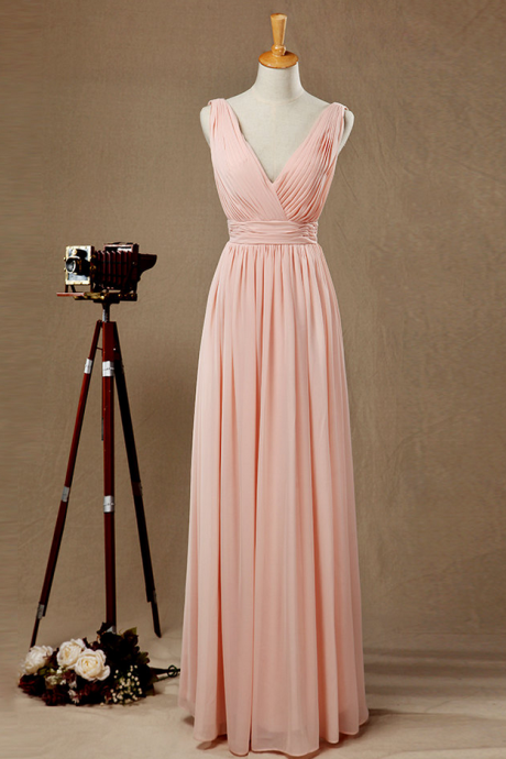 Blush Pink Bridesmaid Dress,V-neckline Bridesmaid Dress,A-line Chiffon V-back Prom Dress,Blush Pink Wedding Party Dress