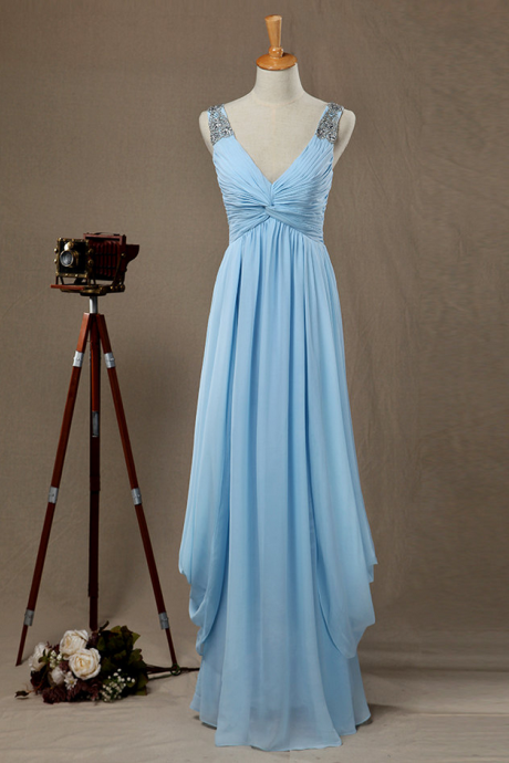  Straps Blue Bridesmaid Dress,Blue Formal Dress,Straps Evening Dress,V-neckline Bridesmaid Dress,Light Blue Party Dress,Blue Prom Dress
