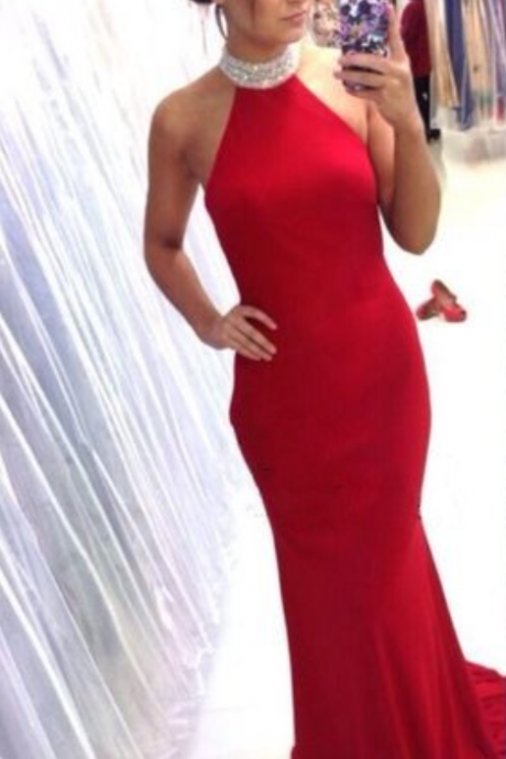 Open Back Red Mermaid Prom Dress,halter Neckline Red Prom Gown,backless Graduation Dress,sexy Open Back Red Formal Party Dress