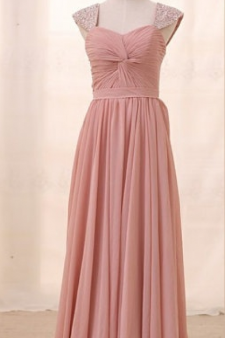 Beaded Cap Sleeves Prom Dress, Blush Pink Bridesmaid Dress,chiffon Blush Graduation Dress,cap Sleeves Evening Party Dress