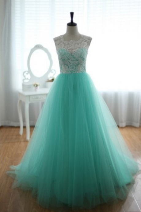 Floor Length Mint Tulle Prom Dress , Lace Prom Dress