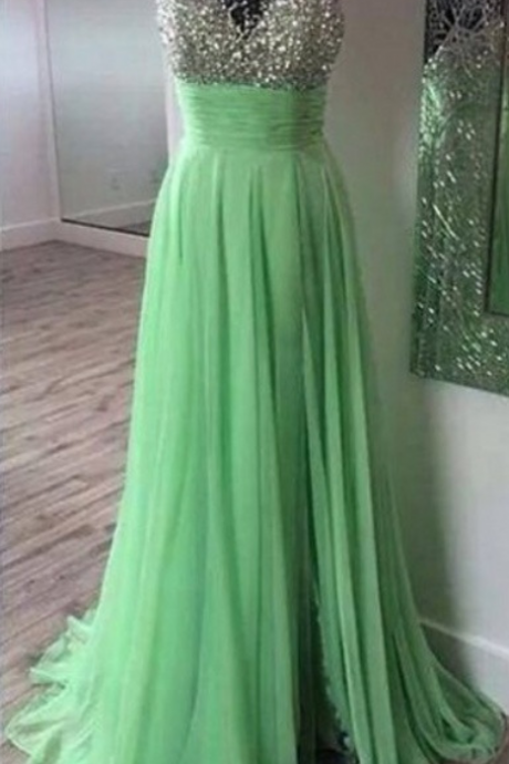 Full Length Green Sexy Split Prom Dress,illusion Beaded Occasion Dress