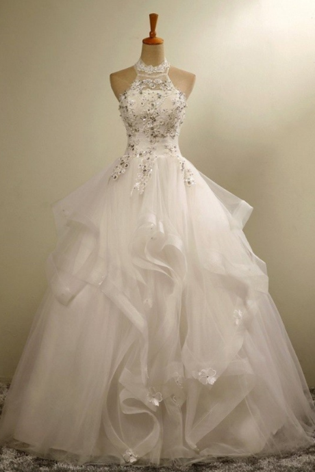 Ball Gown Wedding Dresses Lace Halter Ivory Crystal Vestido De Novias Tulle Organza Bride Dresses Custom Made Wedding Gown