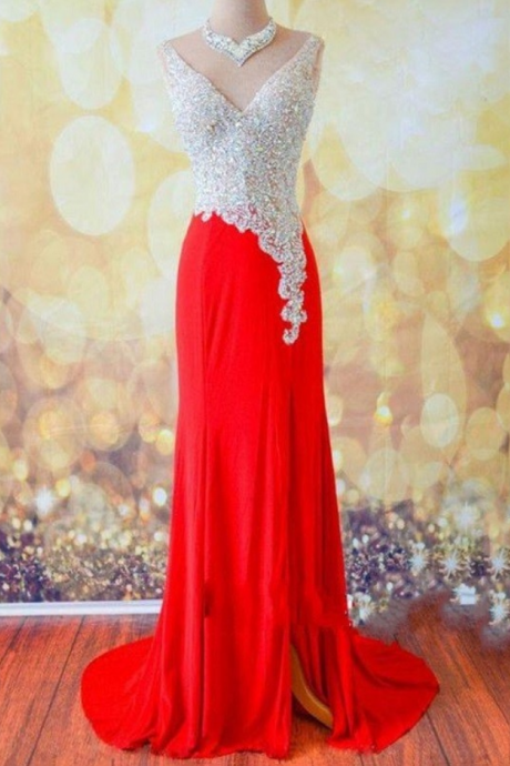Sexy Red Prom Dresses V Neck Shining Crystal Open Back Evening Gown A Line Silt Side Chiffon Vestidos De Festa 2016 Custom Made