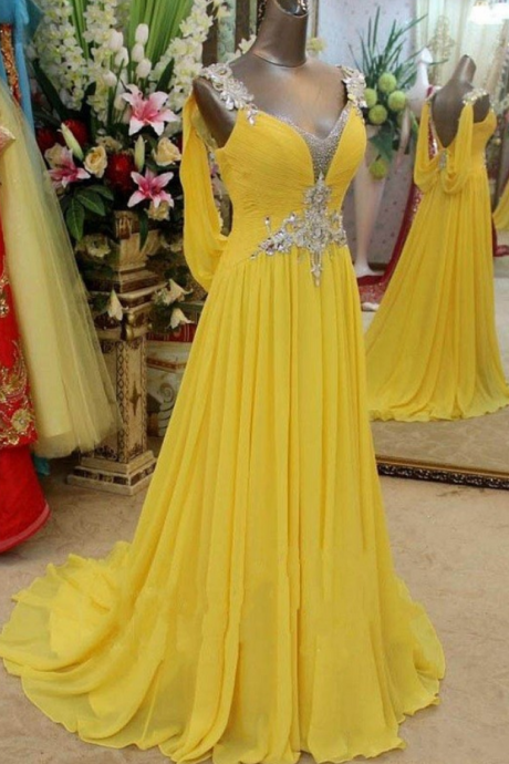 Sexy Long Prom Dresses Yellow Women Formal Gown Beading Plus Size V Neck Chiffon Sweep Train Vestido De Noche Largos Custom Made