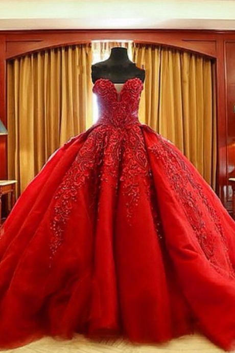 Vintage Bride Red Wedding Dress Vestido De Noiva Sexy Sweetheart Charming Ball Gown Lace Appliques Bridal Gowns