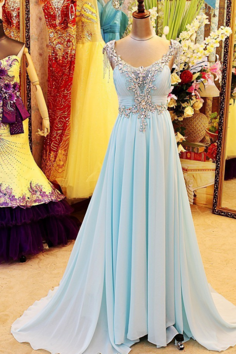 Real Image Luxurious Light Sky Blue V Neck Floor Length Open Back Beading Crystal Evening Dresses Prom Dresses Plus Size