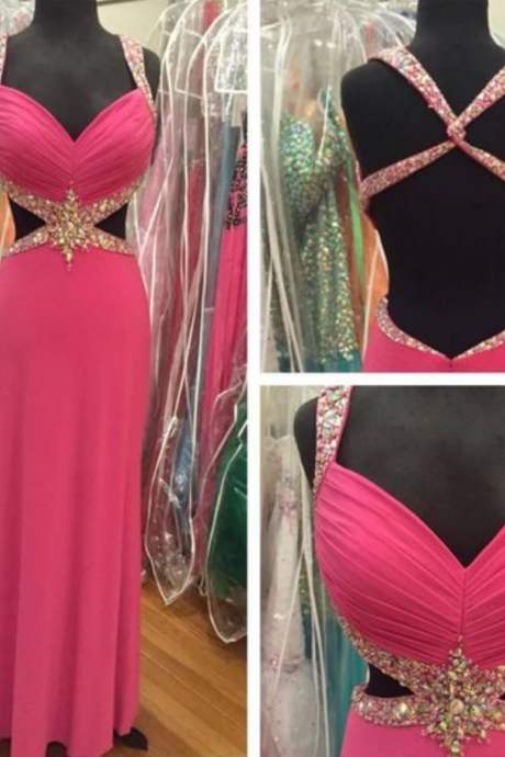 Real Iamge Prom Dresses Sexy A-line Fuchsia/ Pink Sweetheart Beads Rhinestones Backless Long Chiffon Formal Party Gowns