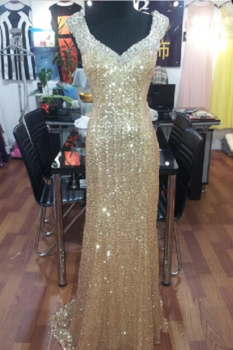 Real Iamge Prom Dresses Sexy Mermaid Bling Sparkle Luxury Champagne Sheer Back Sequins Lace Formal Party Gowns