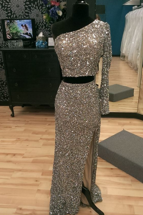 Real Iamge Prom Dresses Sexy Mermaid Bling Sparkle Luxury One Shoulder Side Slit Sequins Lace Formal Party Gowns