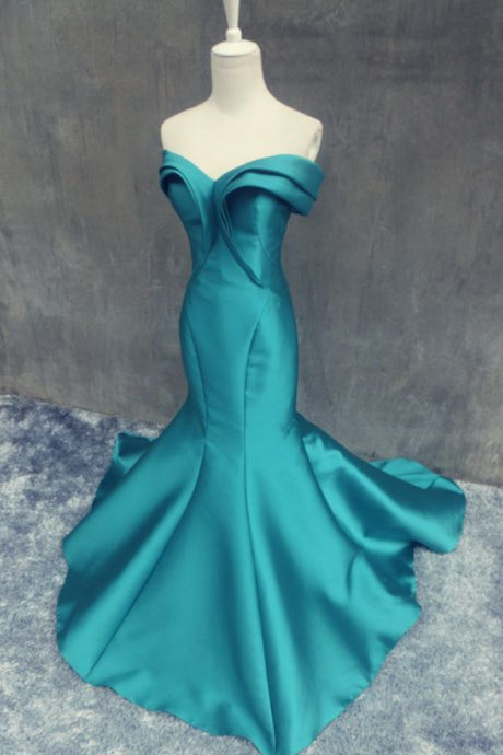 Real Image Sexy A-line Prom Dresses Mermaid Unique Hunter Off Shoulder Satin Long Formal Evening Party Gowns