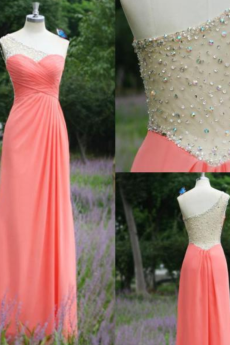 Real Image Sexy A-line Prom Dresses A-line Watermelon One Shoulder Chiffon Rhinestones Backless Formal Evening Party Gowns