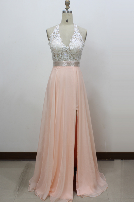 A-line V-neck Chiffon Long Prom Dress With Side Slit And Halter Lace Bodice