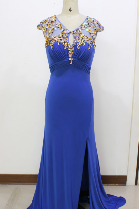 Real Image Picture Evening Dresses Sexy Royal Blue Side Slit Flower Backless Long Formal Prom Party Gowns Gowns