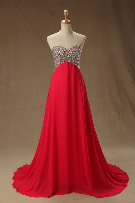 Real Image Prom Dress A-line Red Sweetheart Beads Rhinestones Chiffon Long Formal Evening Party Gowns Vestidos
