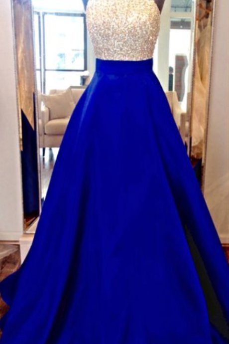 Real Image Prom Dress A-line Royal Blue Sequins Lace Backless Satin Long Formal Evening Party Gowns Vestidos