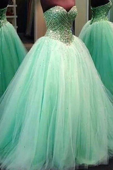Real Image Prom Dresses Luxury Sparkle Bling Ball Gown Mint Sage Sweetheart Crystals Beads Lace Up Tulle Long Formal Evening Party Gowns Vestidos