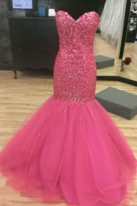 Pink, Fully Beaded, Mermaid Prom Dress, Sweetheart Prom Dress