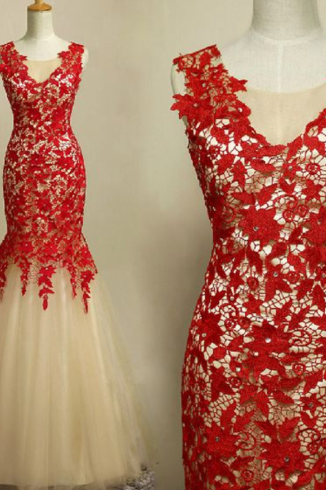 Lace, Mermaid, Sleeveless Prom Dresses, Red, With Zipper, Floor Length, Evening Gowns