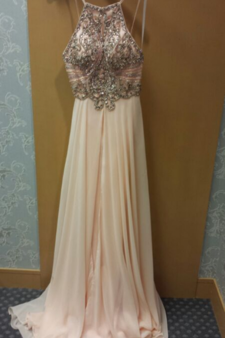  light pink, beaded, ferreting, backless, sexy ,long prom dress, With Straps, Long Modest Gowns Dresses