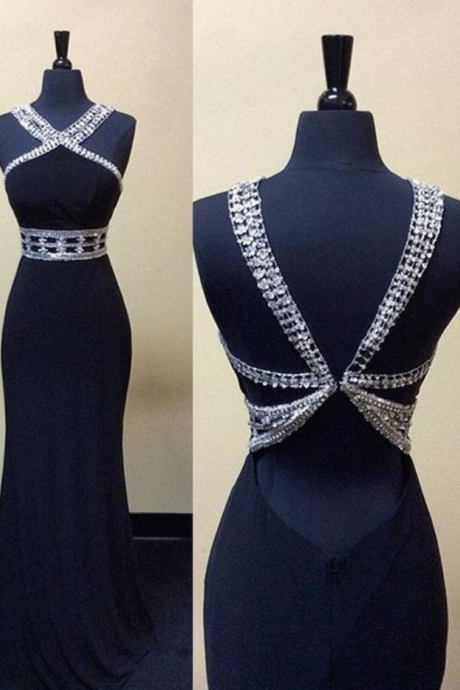 Prom Dress, Mermaid Prom Dress,sexy Mermaid Long Beaded Backless Prom Dress-navy Blue Sleeveless Prom Dress
