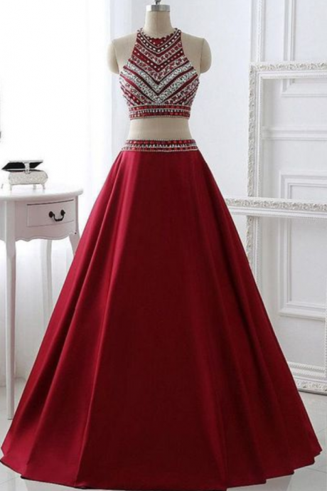 Sexy Beading Formal Dress,charming Two Pieces Burgundy Prom Dress, Bridal Party Dress