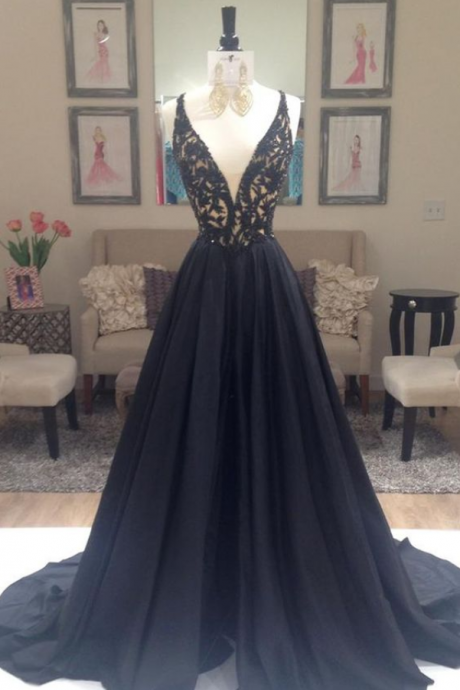 Pretty Black Chiffon Lace Long Prom Dress For Teens, Unique Cute Long Backless Evening Dress,black Evening Dresses, Black Party Dresses