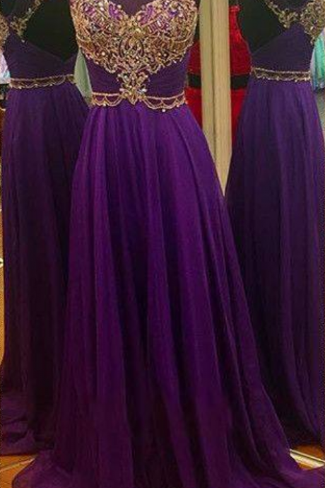 Long Purple Prom Dresses, Beaded Backless Prom Dress, Purple Chiffon Prom Dress