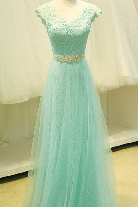 Cap Sleeve Lace Prom Dress, V-neck Applique Evening Dress, Prom Dress