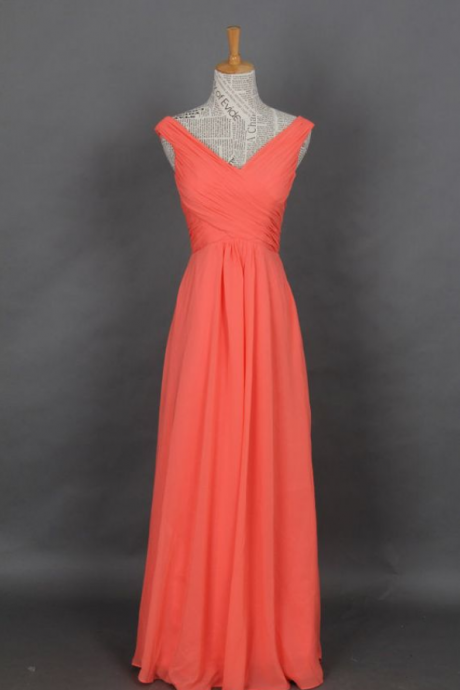 Chiffon Prom Dress, Coral Straps V-neck Long Prom Dress, Evening Dress, Party Dress