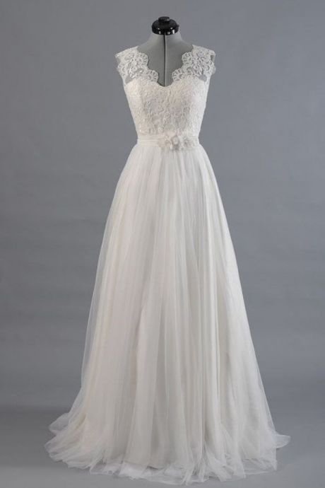 Princess A Line V Neck Empire Waist White Lace Wedding Dresses,custom Made Wedding Dress