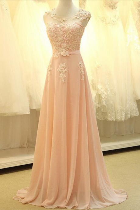 Custom Blush Pink Chiffon Prom Dress, Sexy Sleeveless Evening Dress ,sexy See Through Open Back Applique Prom Dress