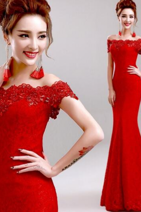 Custom Red Lace Prom Dress, Sexy Off The Shoulder Evening Dress ,sexy Beading Prom Dress