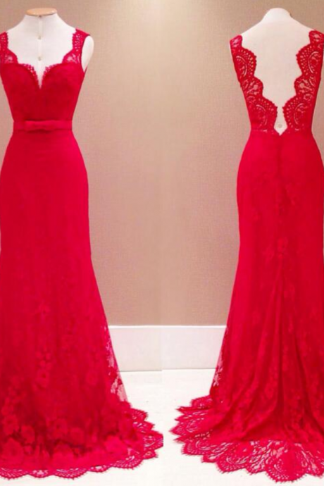 Charming Red Lace Prom Dress,sexy V-neck Evening Dress,sexy Open Back Prom Dress