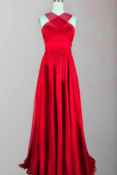Charming Simple Red Chiffon Prom Dress,sexy Sleeveless Halter Evening Dress,sexy Backless Prom Dress