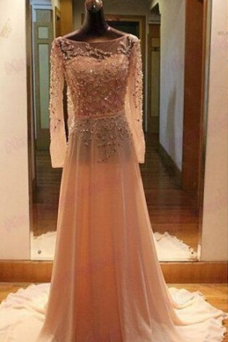 Prom Dress, A-line Prom Dress, Crystal Evening Dress, Long Sleeve Evening Dress, Chiffon Evening Dress, Evening Dress With Beadings, Latest