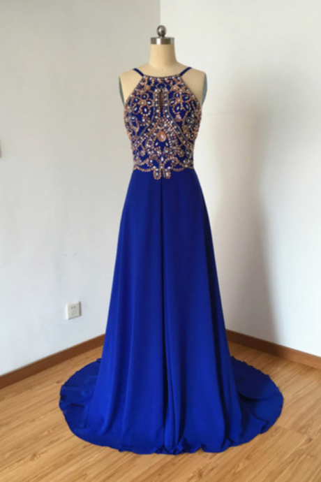 Custom Charming Royal Blue Beading Prom Dress,sexy Spaghetti Straps Evening Dress,sexy Backless Prom Dress