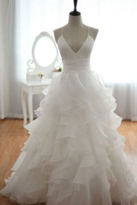 Custom Charming White Layered Wedding Dress,spaghetti Straps Bridal Dress,deep V-neck Wedding Dress