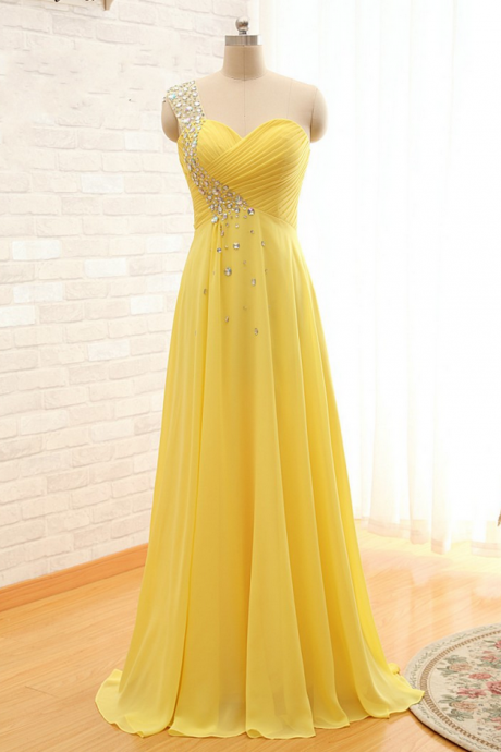  Yellow Blue Chiffon One Shoulder Sweep Train Bridesmaid Dress Evening Dress