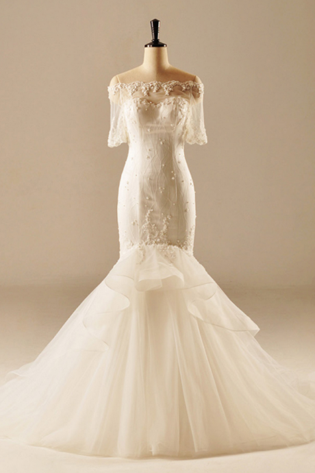 Long Wedding Dress, Tulle Wedding Dress, Lace Mermaid Wedding Dress, Beading Bridal Dress